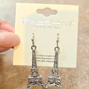 New Fresh & Co. Crystal Collection Silver Dangle Eiffel Tower Earrings